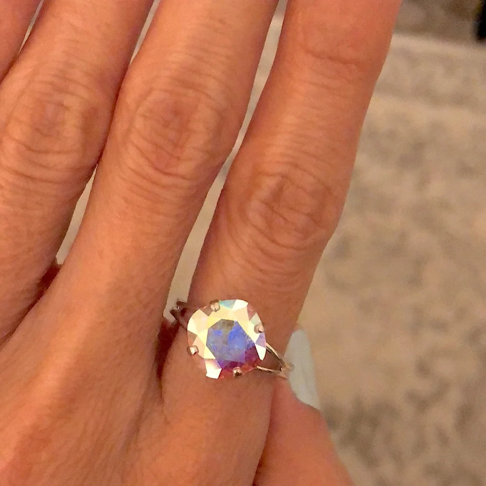 Aurora Borealis + Silver Cushion Cut Crystal Ring